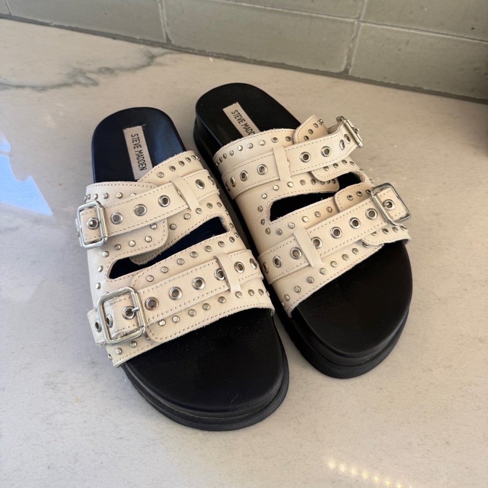 Steve Madden White Cream Studded Slide Sandals